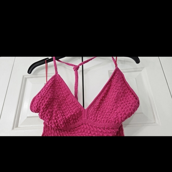 Aqua Fuchsia Crochet Halter Mini Dress - Picture 3 of 4